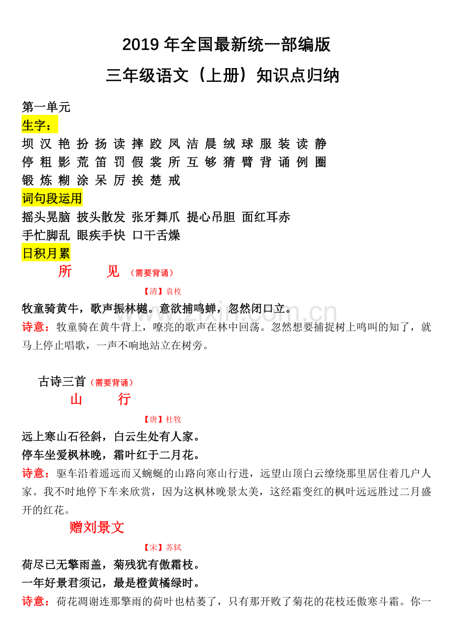 -2019年全国统一部编版三年级语文(上册)知识点归纳《打印版》.doc_第1页