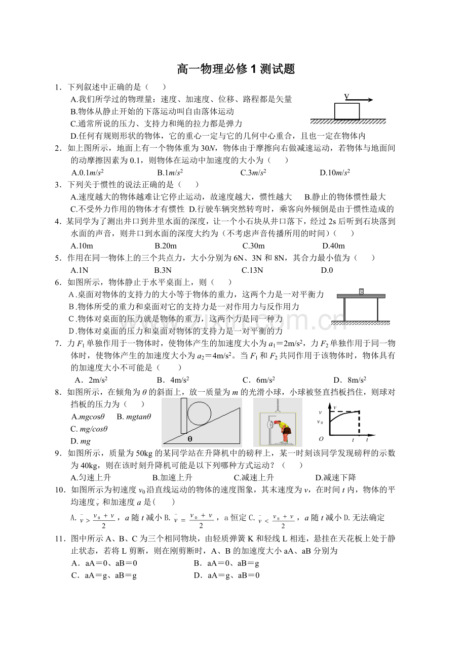 高一物理必修1期末考试题答案.doc_第1页