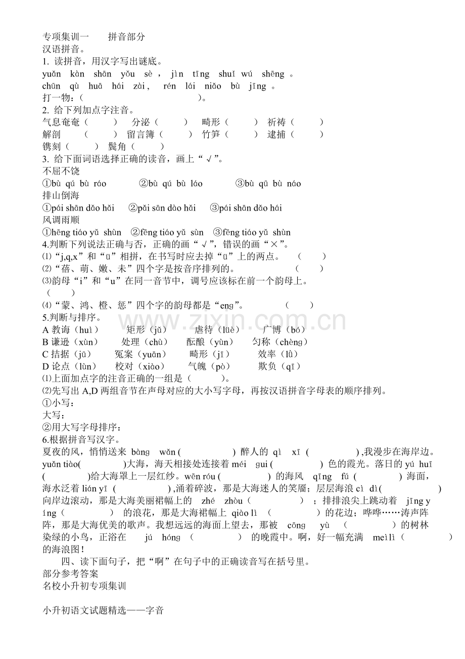 小升初语文专项训练(拼音)测试题.doc_第1页