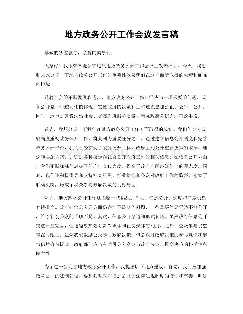地方政务公开工作会议发言稿.docx_第1页