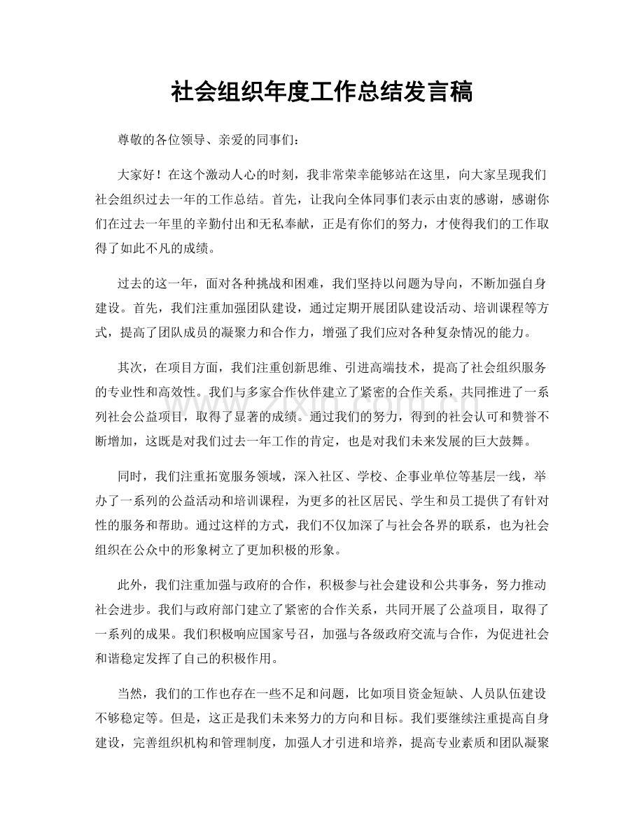 社会组织年度工作总结发言稿.docx_第1页