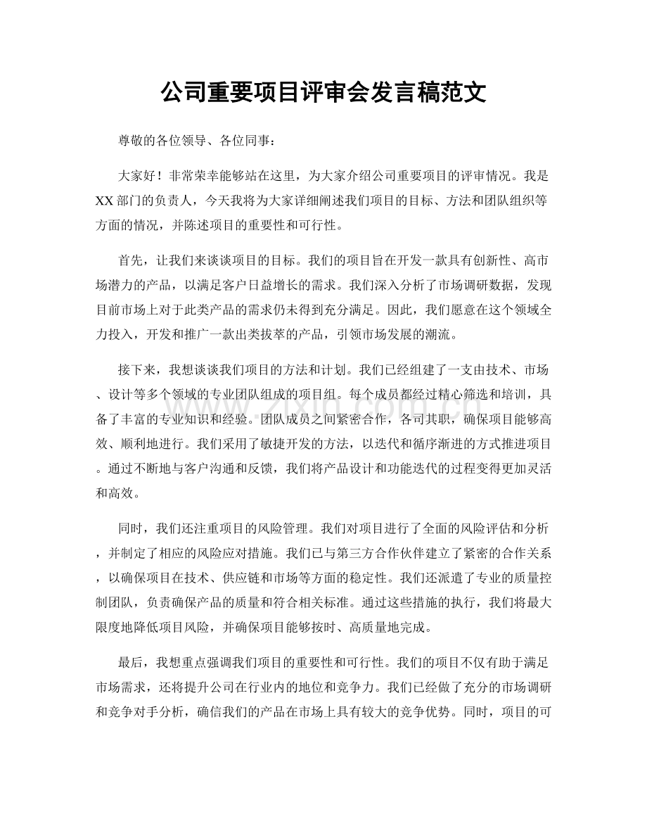 公司重要项目评审会发言稿范文.docx_第1页