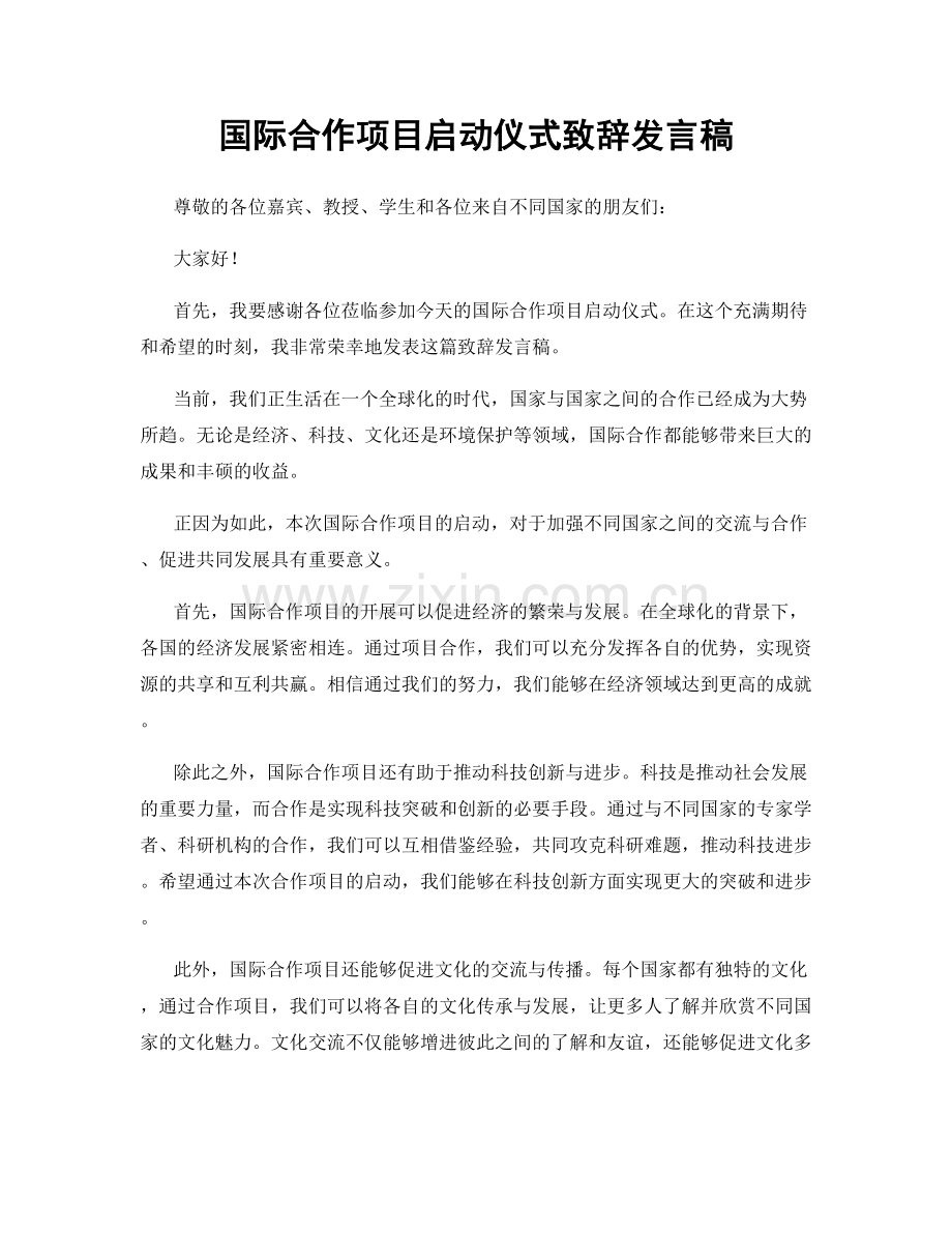 国际合作项目启动仪式致辞发言稿.docx_第1页