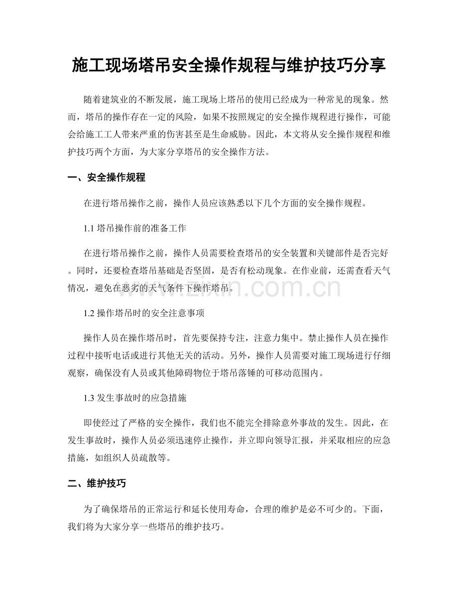 施工现场塔吊安全操作规程与维护技巧分享.docx_第1页
