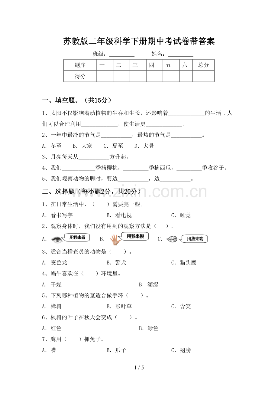 苏教版二年级科学下册期中考试卷带答案.doc_第1页