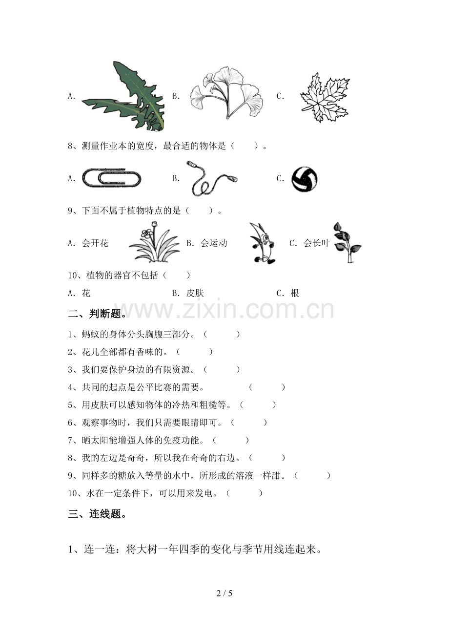 新教科版一年级科学下册期中考试卷及参考答案.doc_第2页