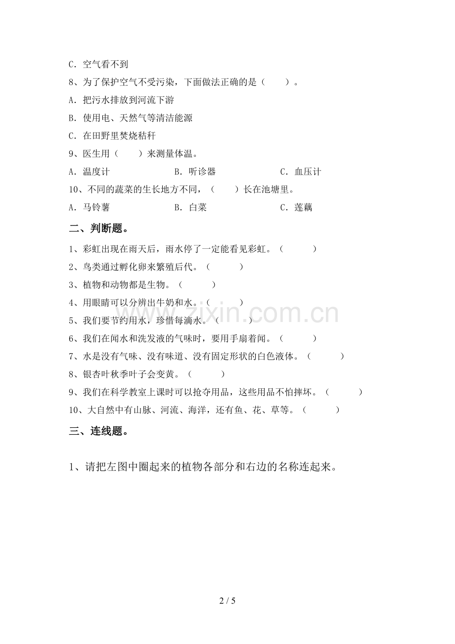 人教版一年级科学下册期中测试卷及答案【精编】.doc_第2页