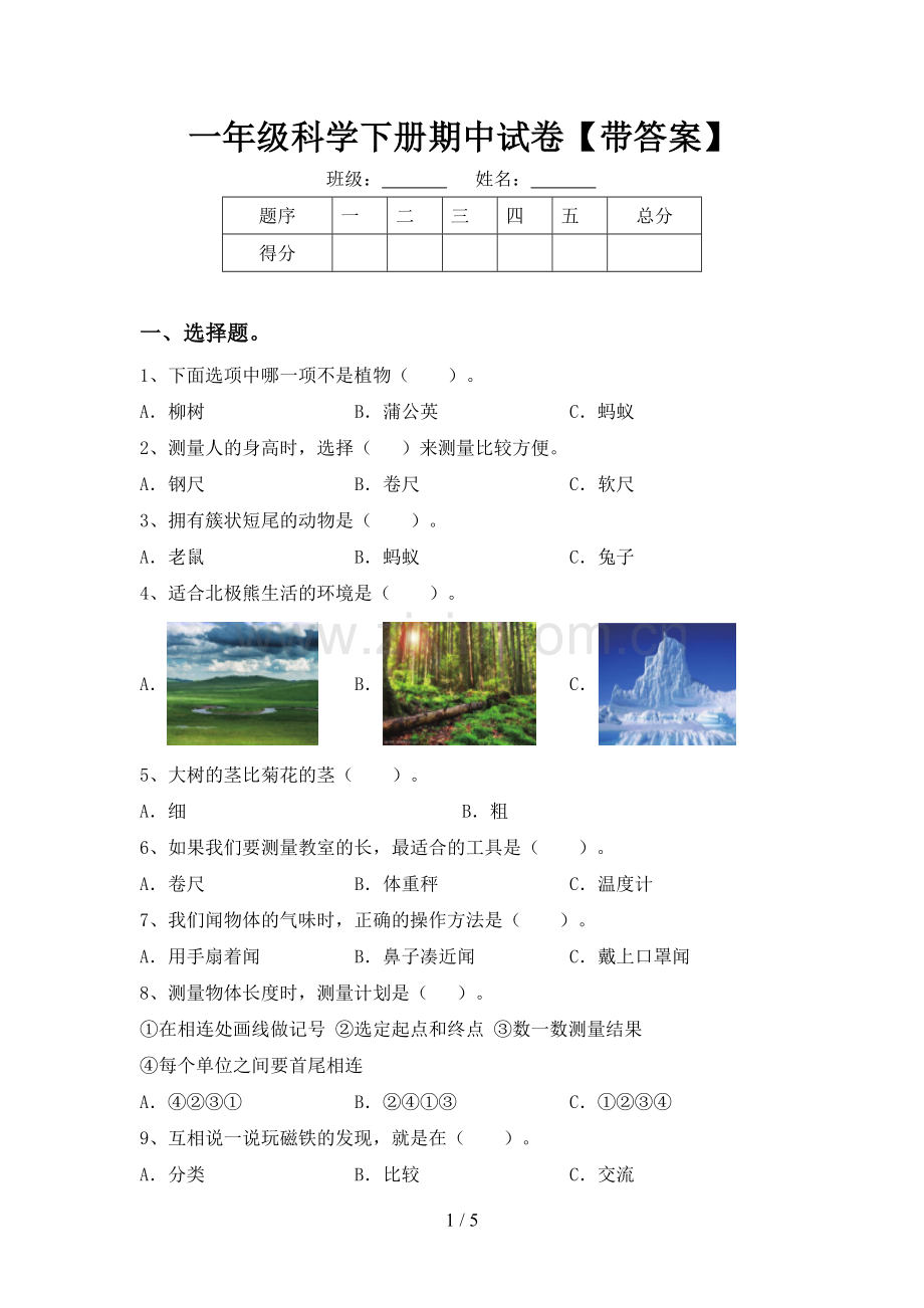 一年级科学下册期中试卷【带答案】.doc_第1页