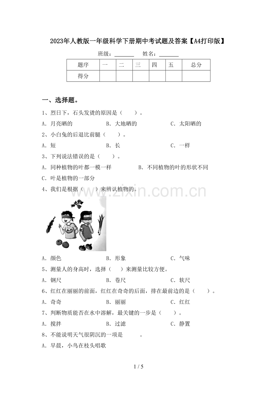 2023年人教版一年级科学下册期中考试题及答案【A4打印版】.doc_第1页