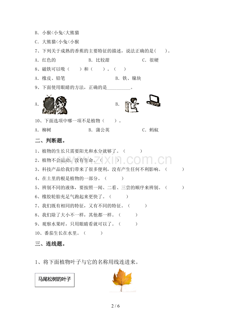 2023年人教版一年级科学下册期中考试卷及答案【各版本】.doc_第2页