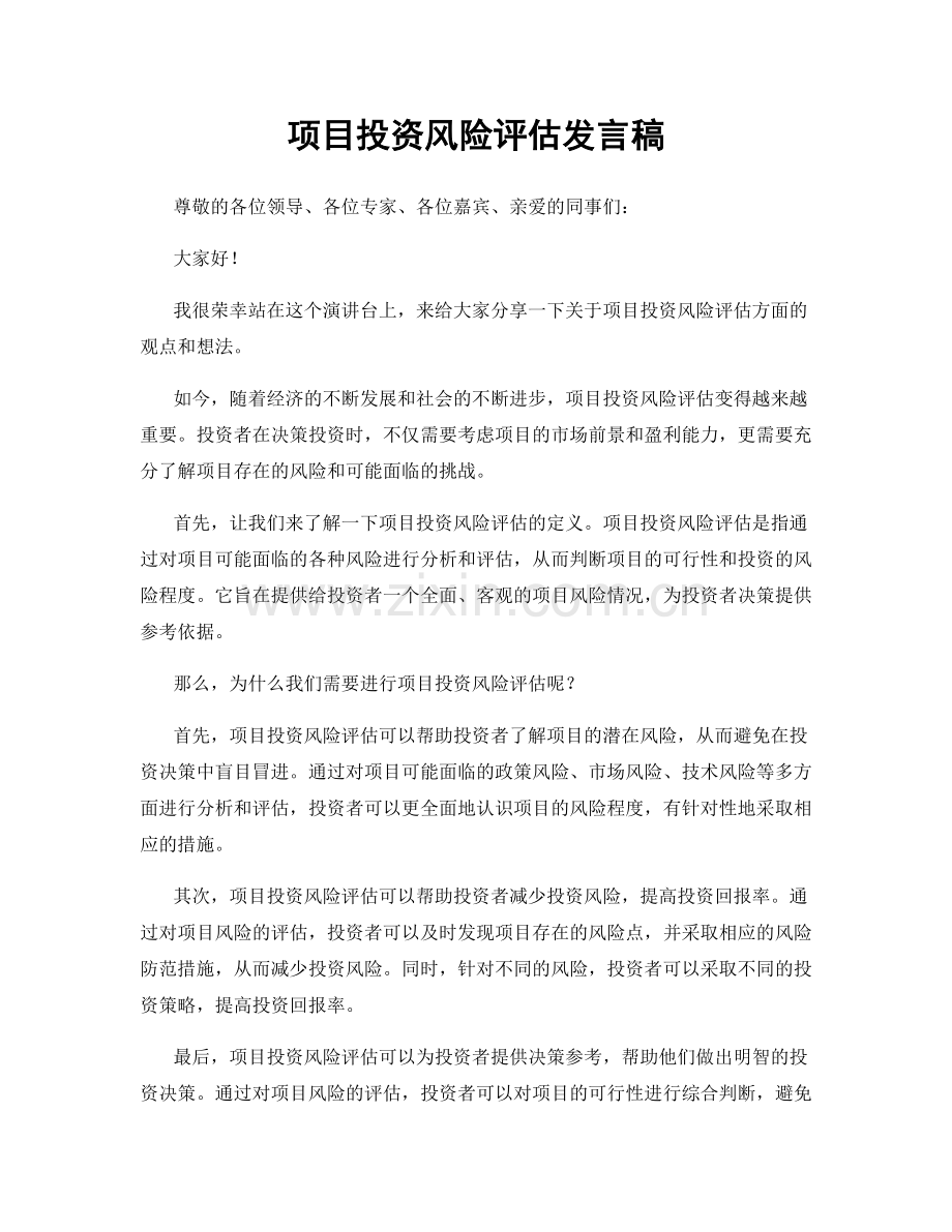 项目投资风险评估发言稿.docx_第1页