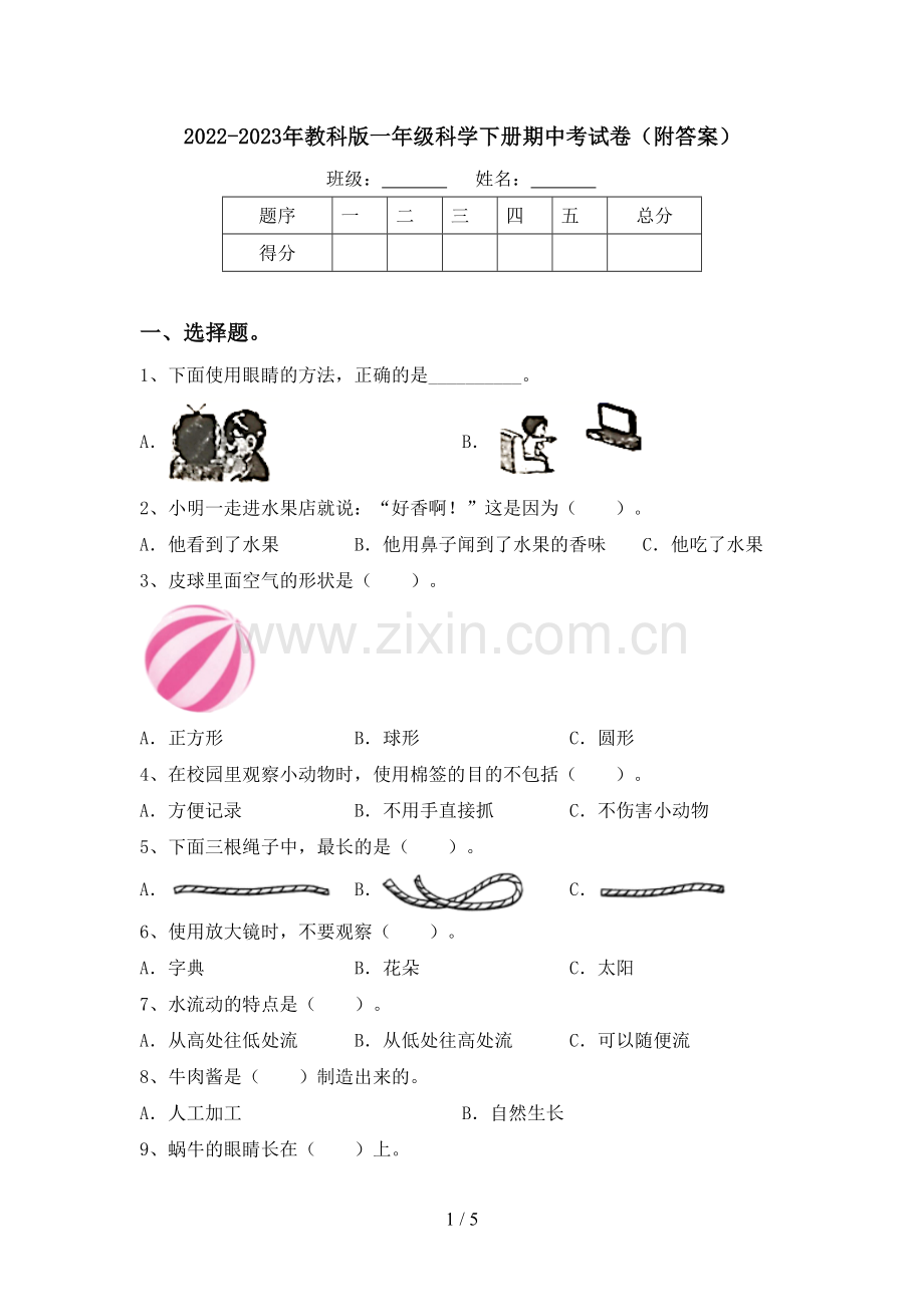 2022-2023年教科版一年级科学下册期中考试卷(附答案).doc_第1页