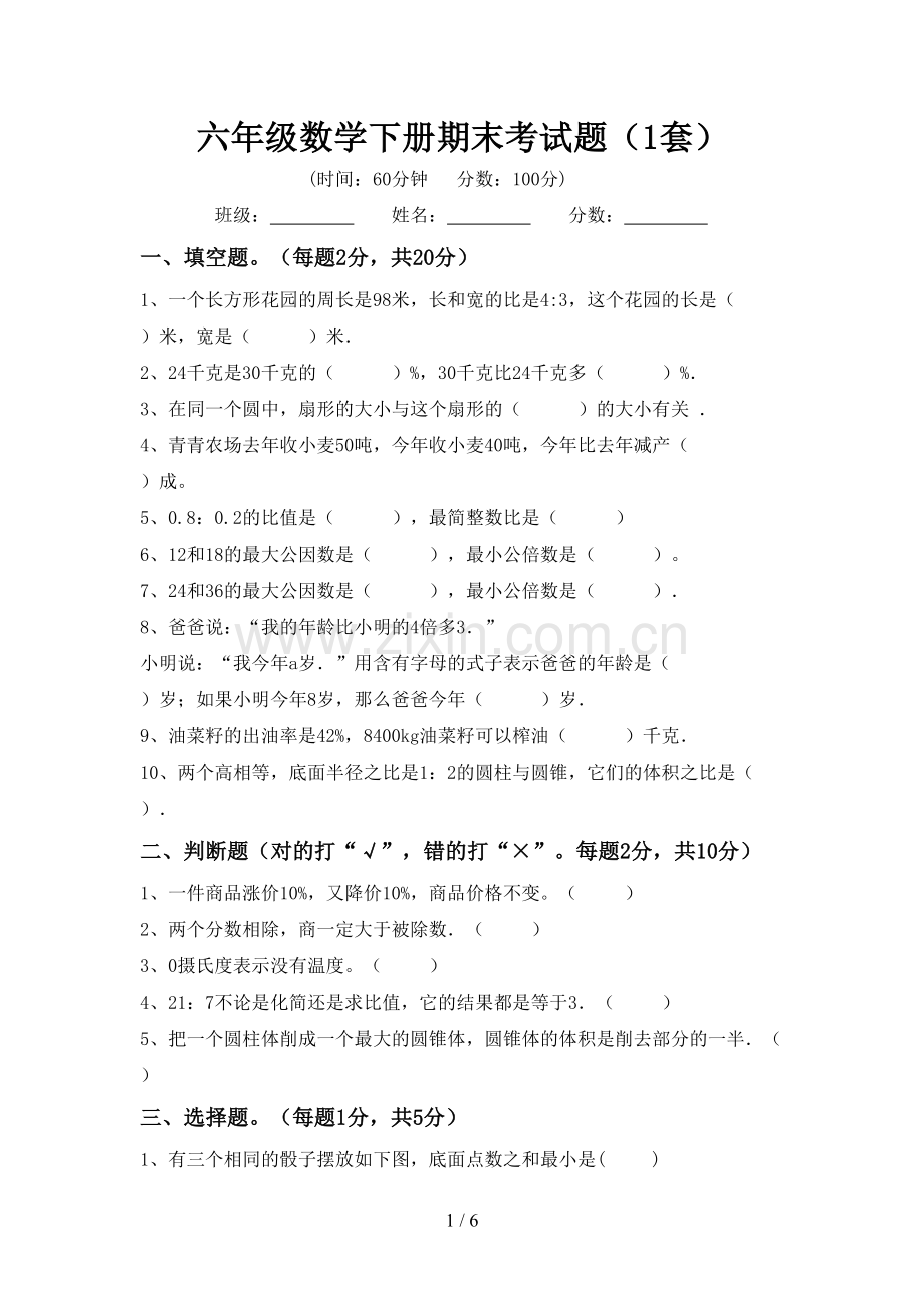 六年级数学下册期末考试题(1套).doc_第1页