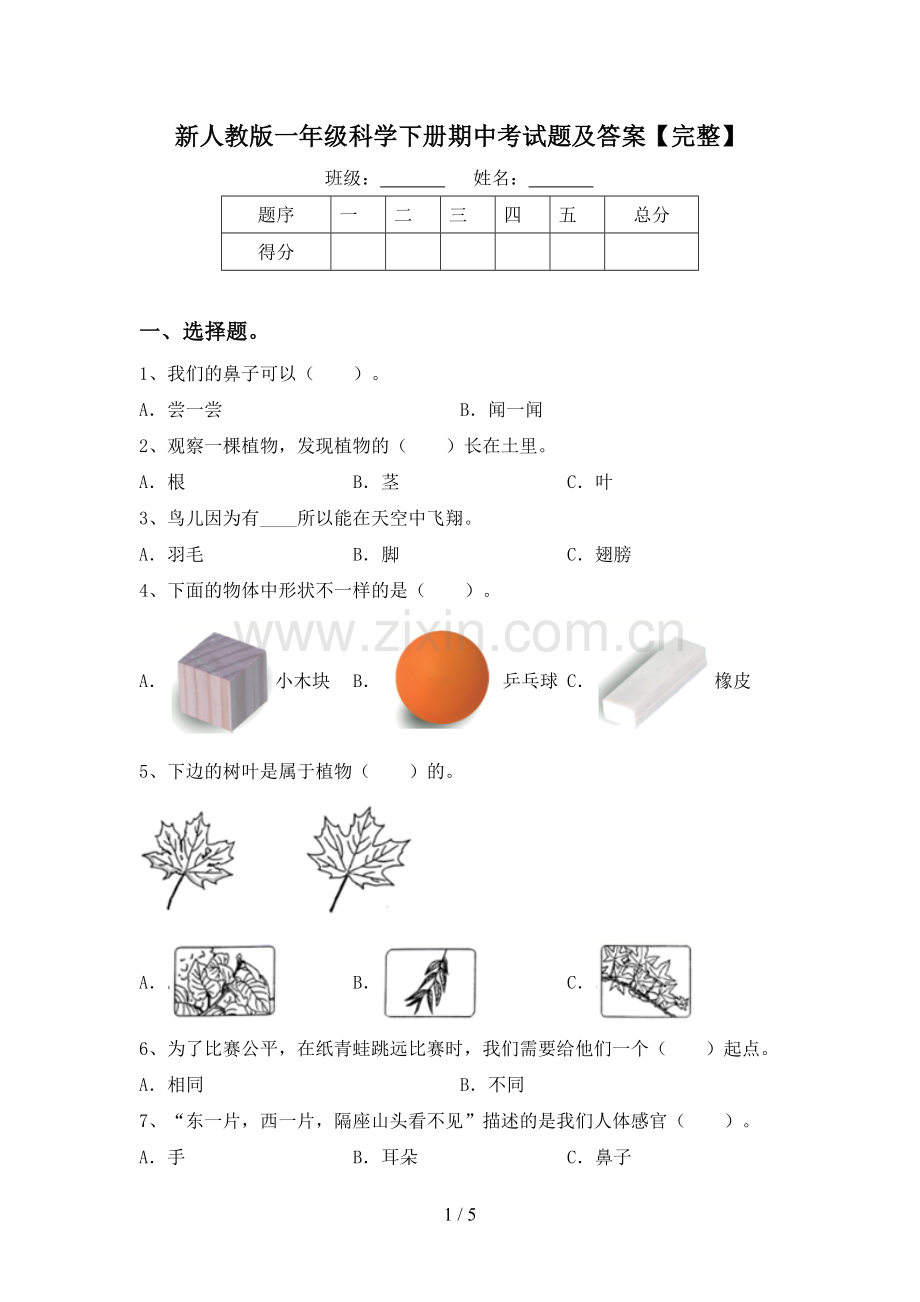 新人教版一年级科学下册期中考试题及答案.doc_第1页