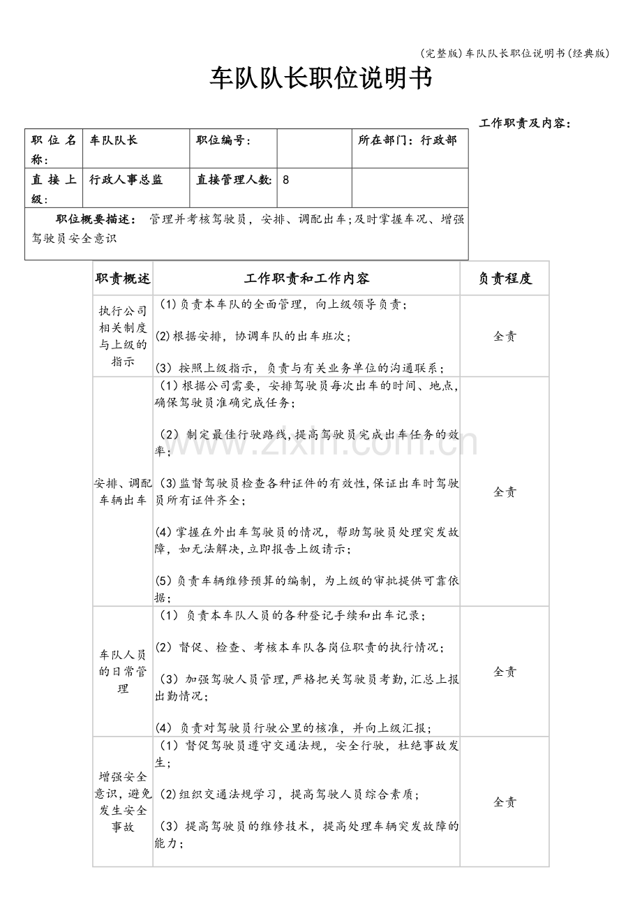 车队队长职位说明书(经典版).doc_第1页
