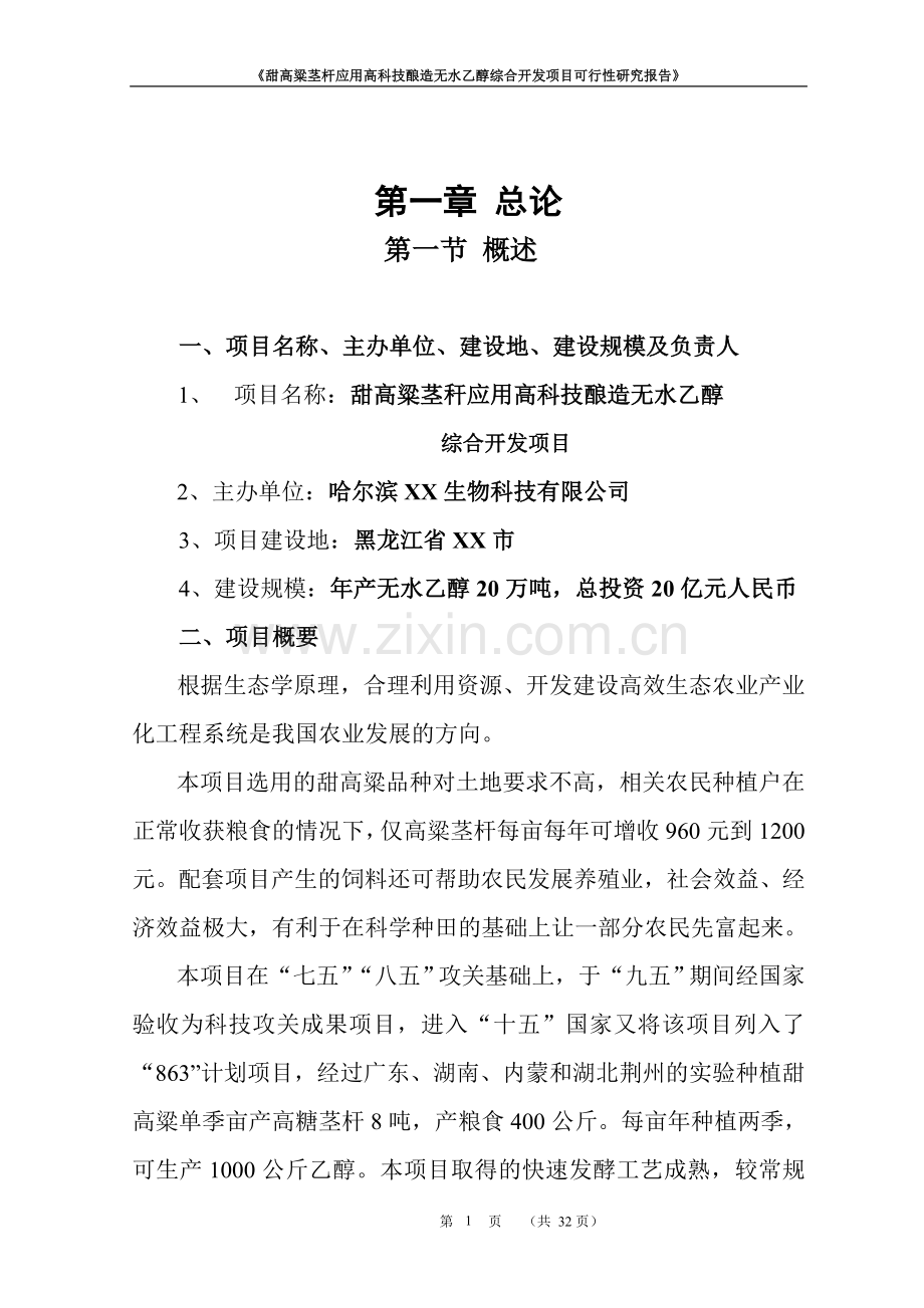 甜高粱茎杆应用高科技酿造无水乙醇综合开发项目可行性论证报告.doc_第1页