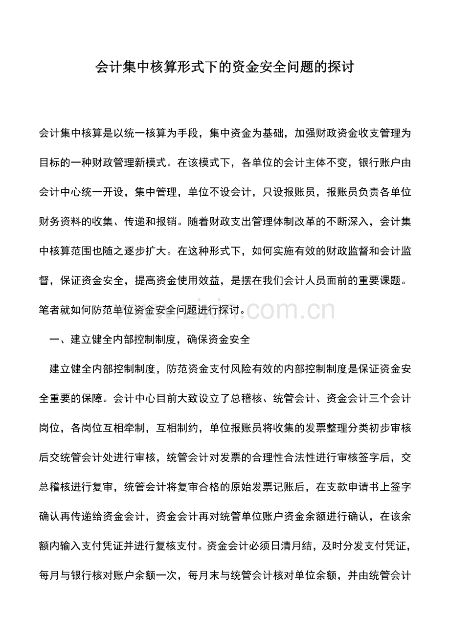 会计实务：会计集中核算形式下的资金安全问题的探讨.doc_第1页