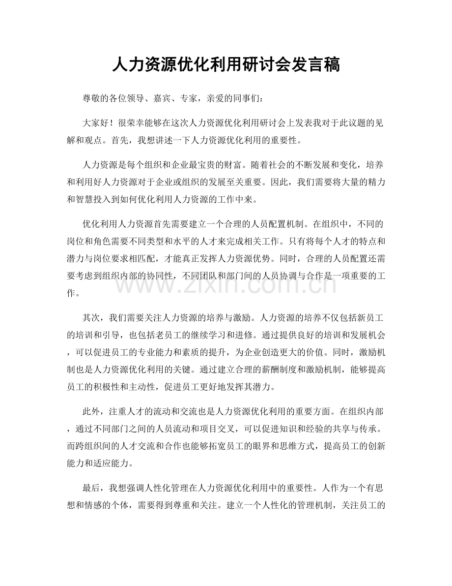 人力资源优化利用研讨会发言稿.docx_第1页