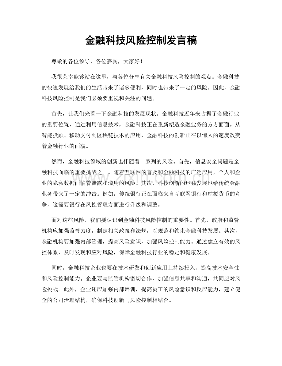 金融科技风险控制发言稿.docx_第1页