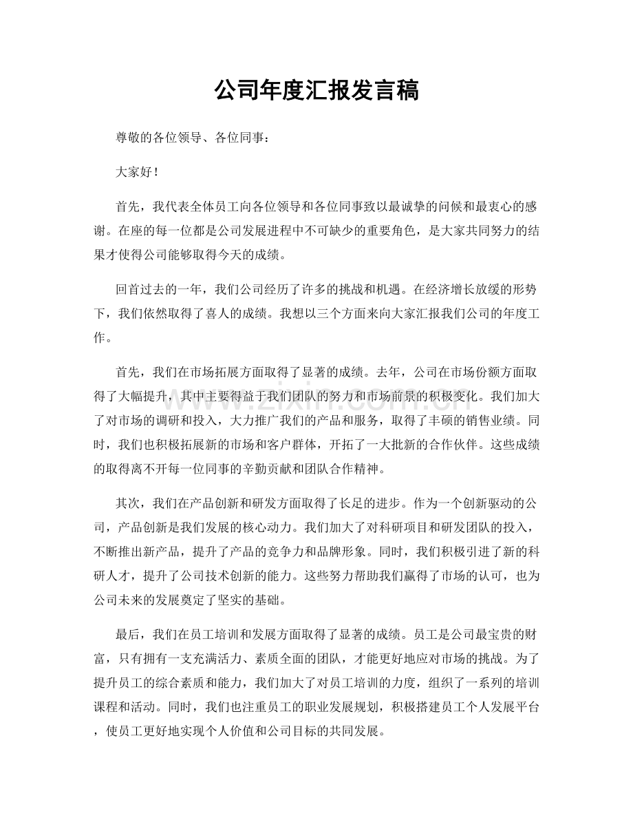 公司年度汇报发言稿.docx_第1页