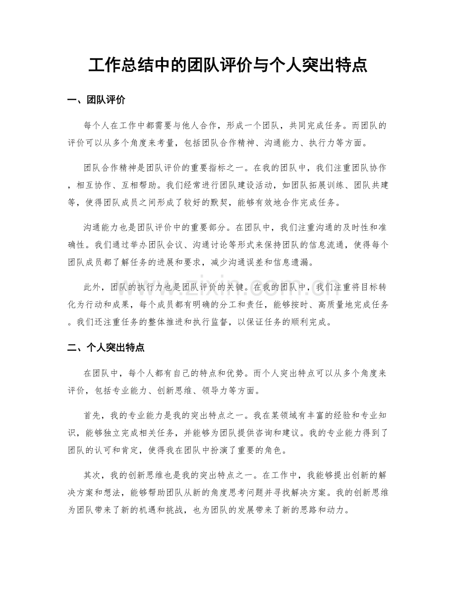 工作总结中的团队评价与个人突出特点.docx_第1页