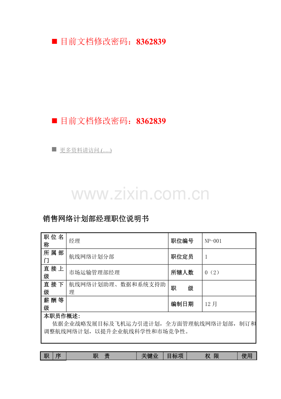 销售网络规划部经理岗位说明书样本.doc_第1页