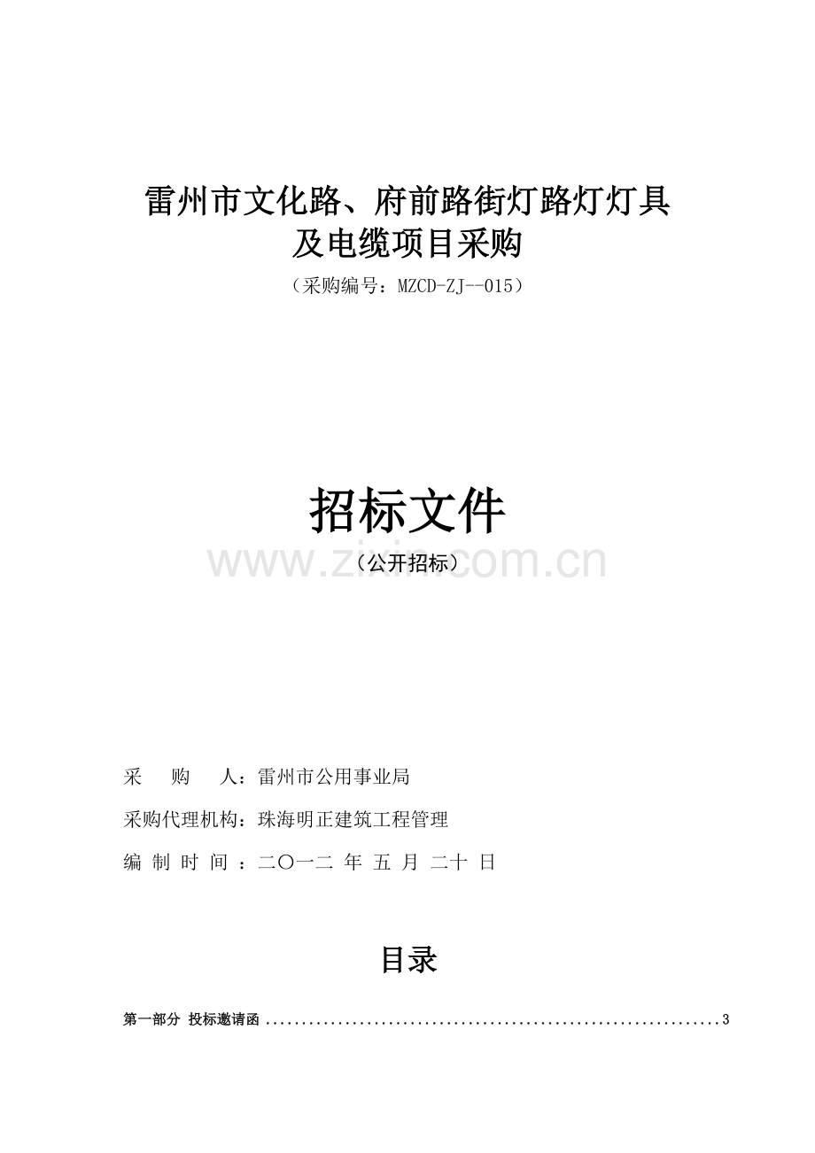 路灯灯具及电缆项目采购招标文件模板.doc_第1页
