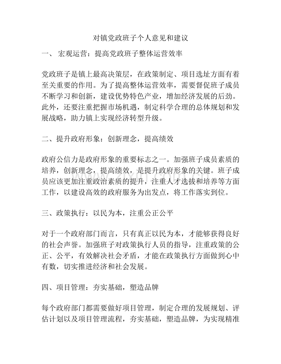 对镇党政班子个人意见和建议.docx_第1页