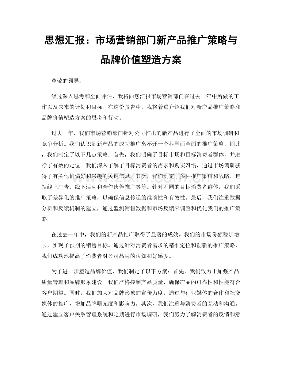 思想汇报：市场营销部门新产品推广策略与品牌价值塑造方案.docx_第1页