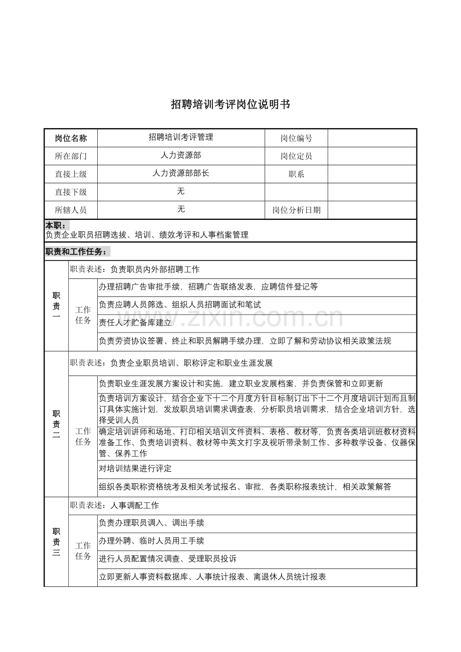 招聘培训考核职务说明书样本.doc_第1页