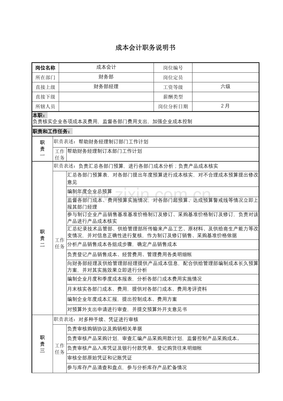 成本会计职务说明书模板.doc_第1页
