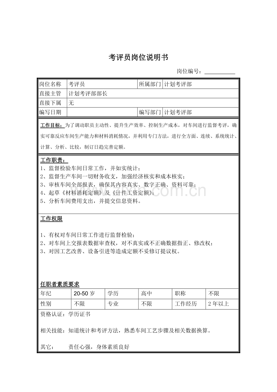计划考核部考核员岗位职责样本.doc_第1页