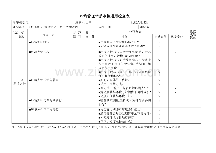 环境管理标准体系审核通用检查表.doc_第1页
