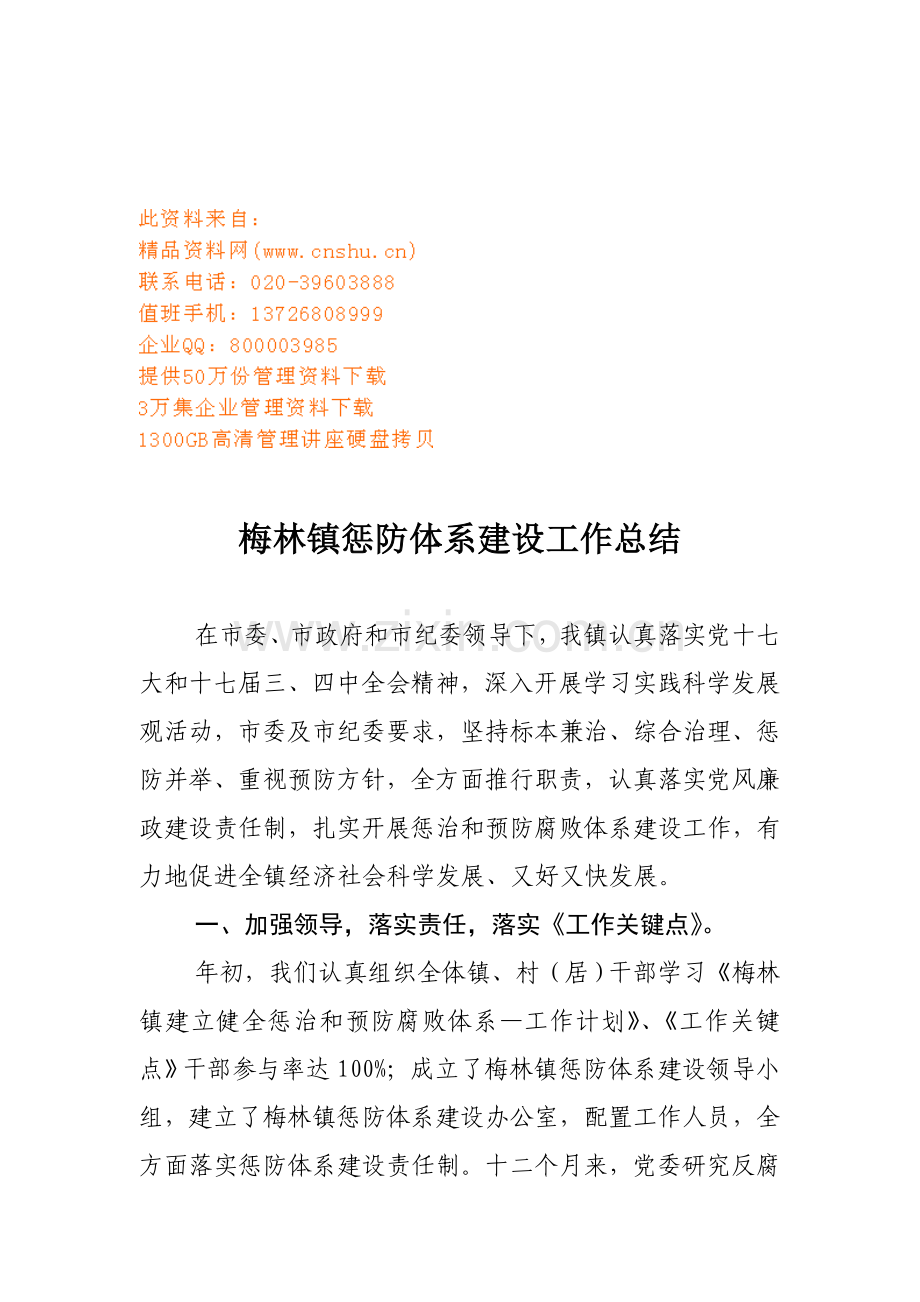 梅林镇年度惩防体系建设工作总结样本.doc_第1页