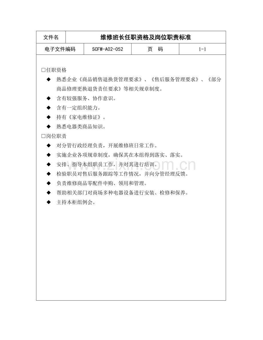 维修班长任职资格与岗位职责样本.doc_第1页