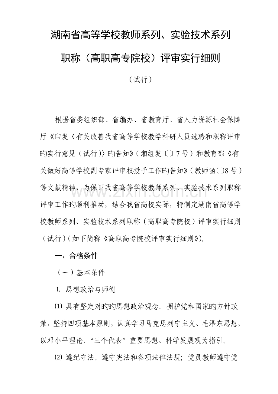 湖南省高等学校教师系列实验重点技术系列职称评审实施标准细则.docx_第1页