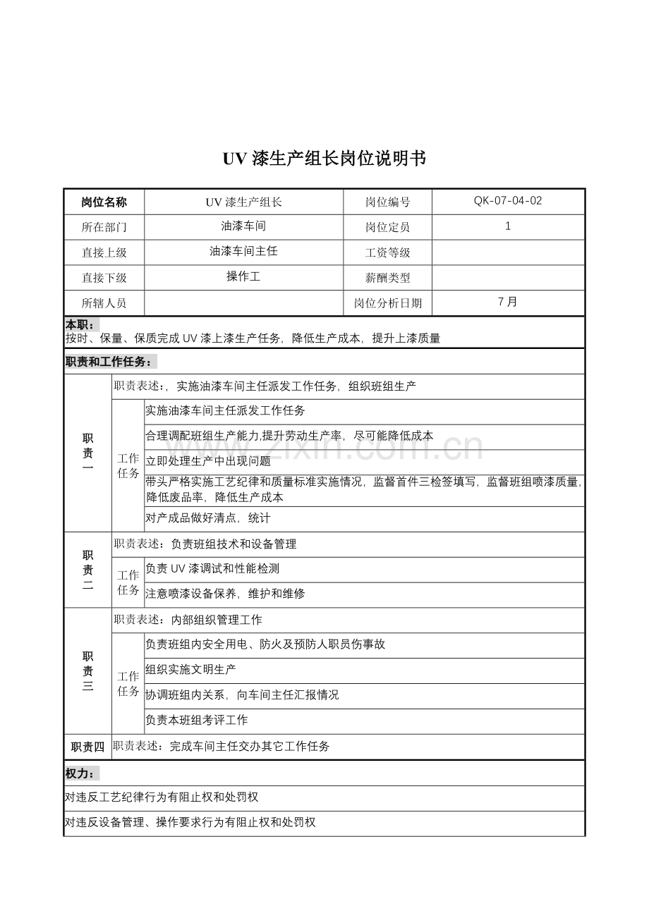 油漆车间UV漆生产组长岗位职责样本.doc_第1页