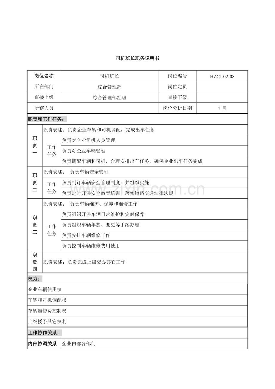 综合管理部司机班长岗位职责样本.doc_第1页