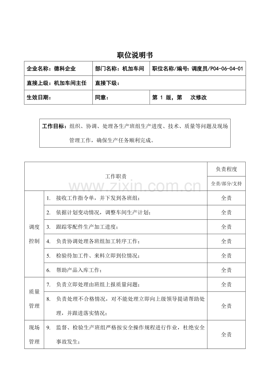 机加车间调度员职位说明书样本.doc_第1页