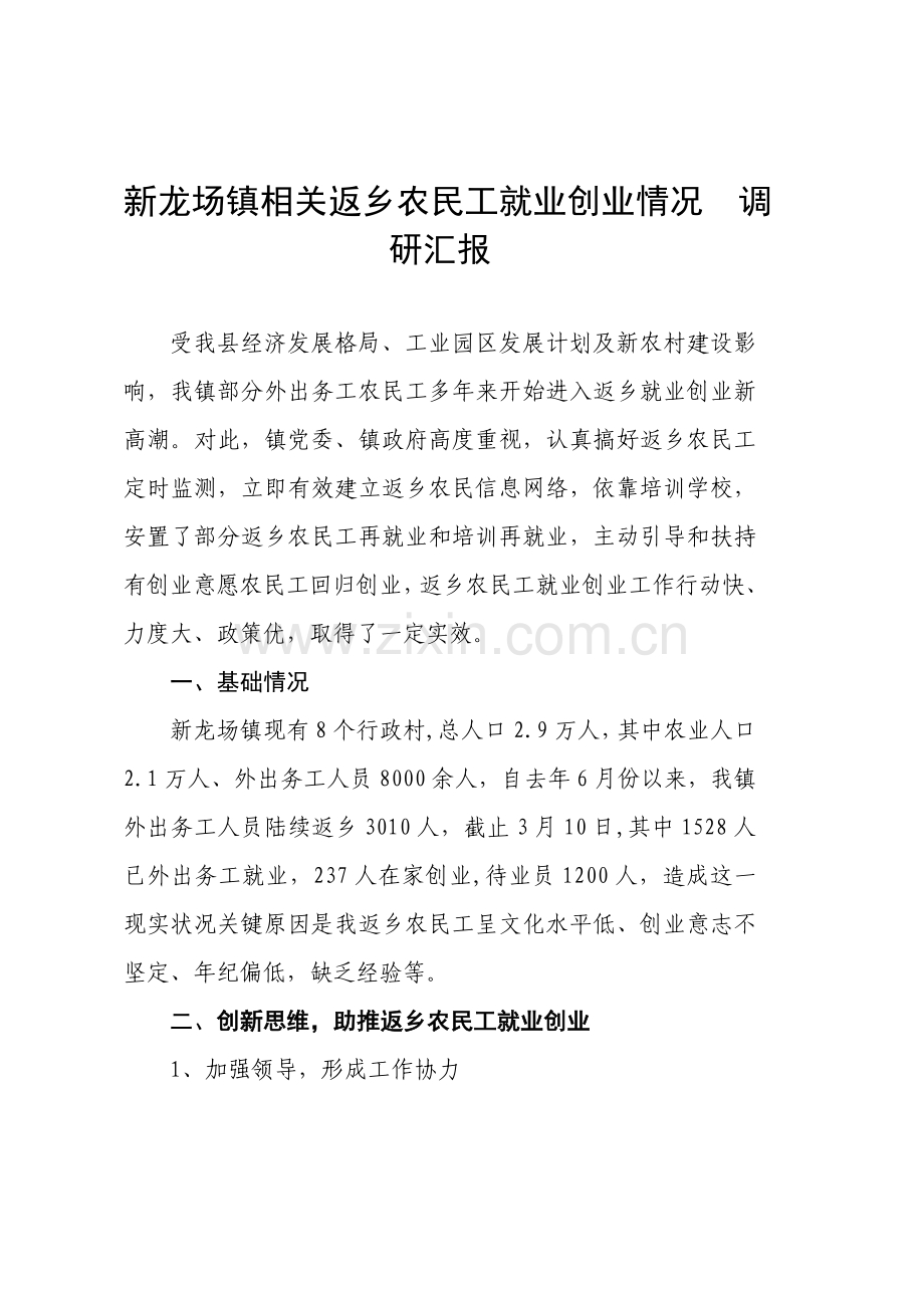 新龙场镇返乡农民工就业创业调研研究报告.doc_第1页