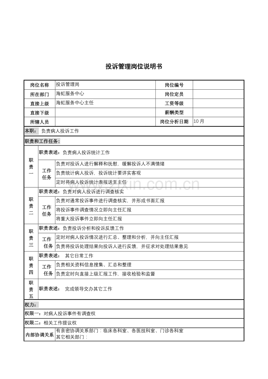 投诉管理岗位说明书样本.doc_第1页