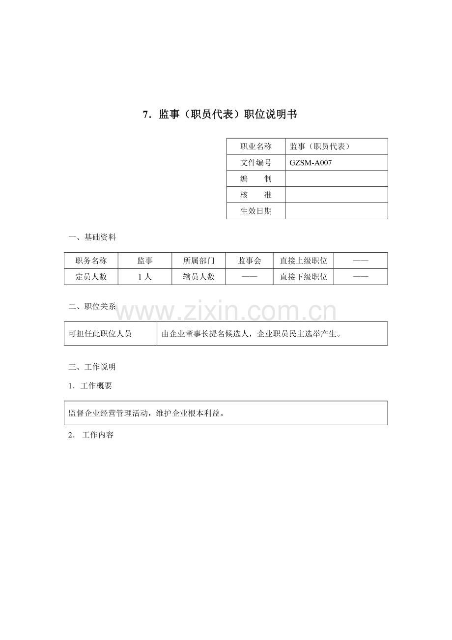监事岗位职责模板样本.doc_第1页