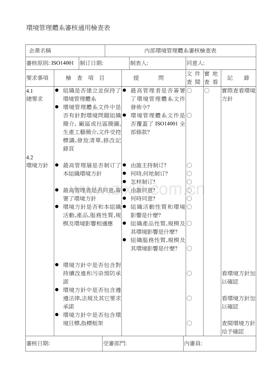 环境体系审核通用检查表样本.doc_第1页