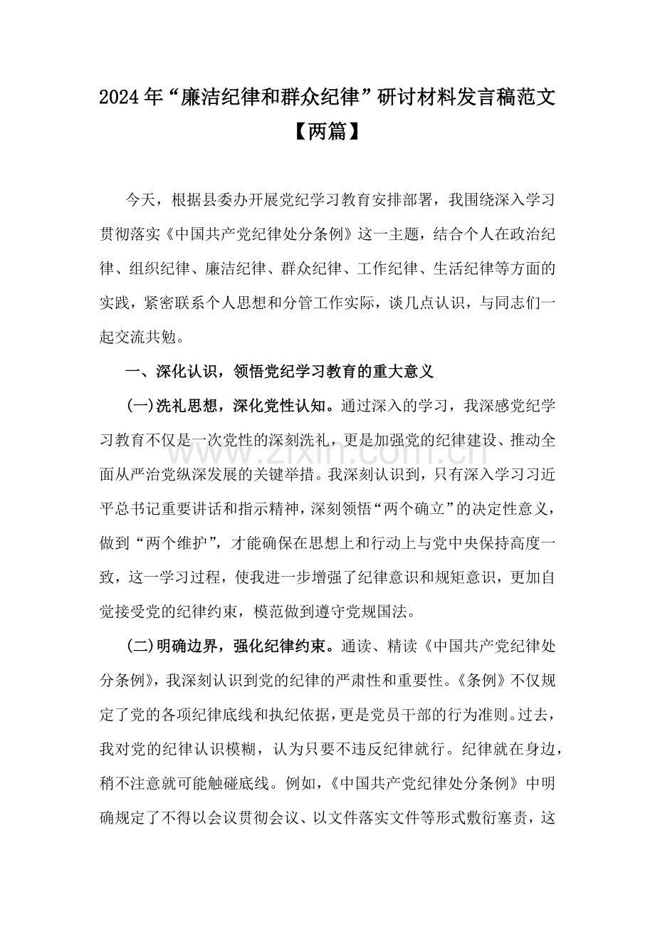 2024年“廉洁纪律和群众纪律”研讨材料发言稿范文【两篇】.docx_第1页