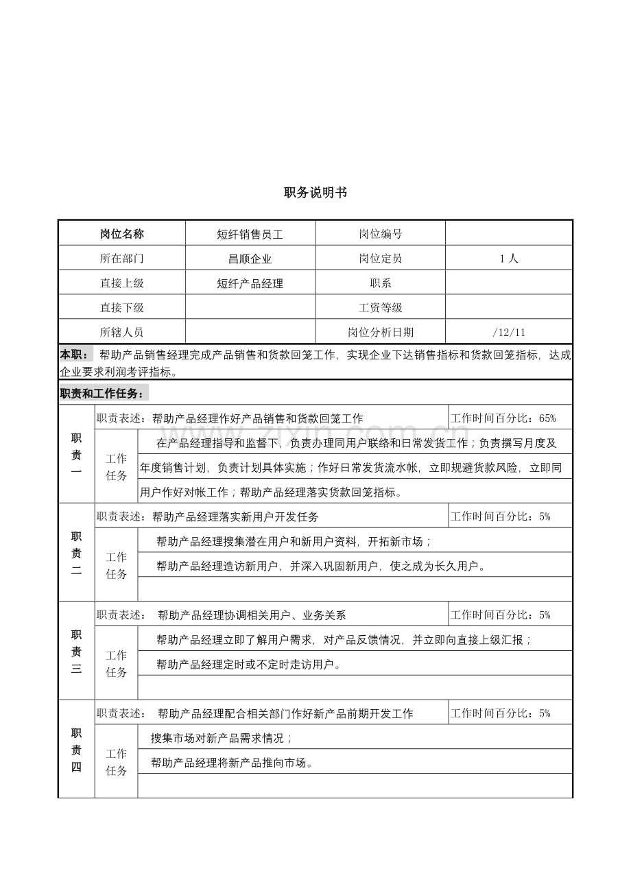 短纤销售业务员职务说明书样本.doc_第1页