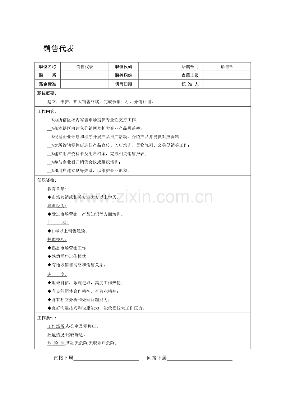 销售代表岗位说明书模板样本.doc_第1页