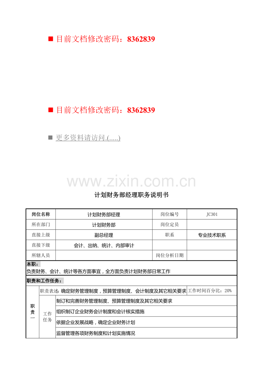 计划财务部经理岗位说明书模板样本.doc_第1页