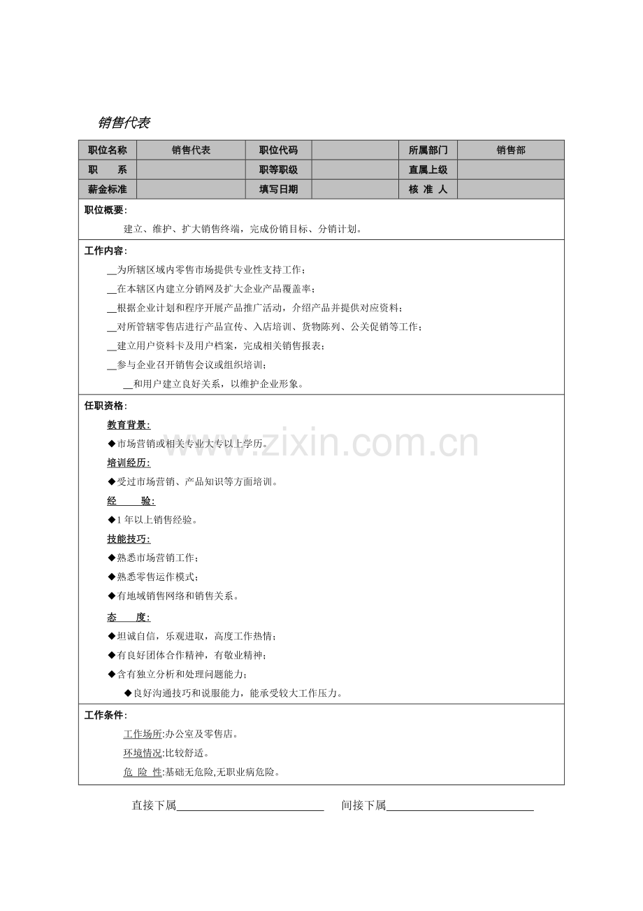 销售部销售代表岗位说明书样本.doc_第1页