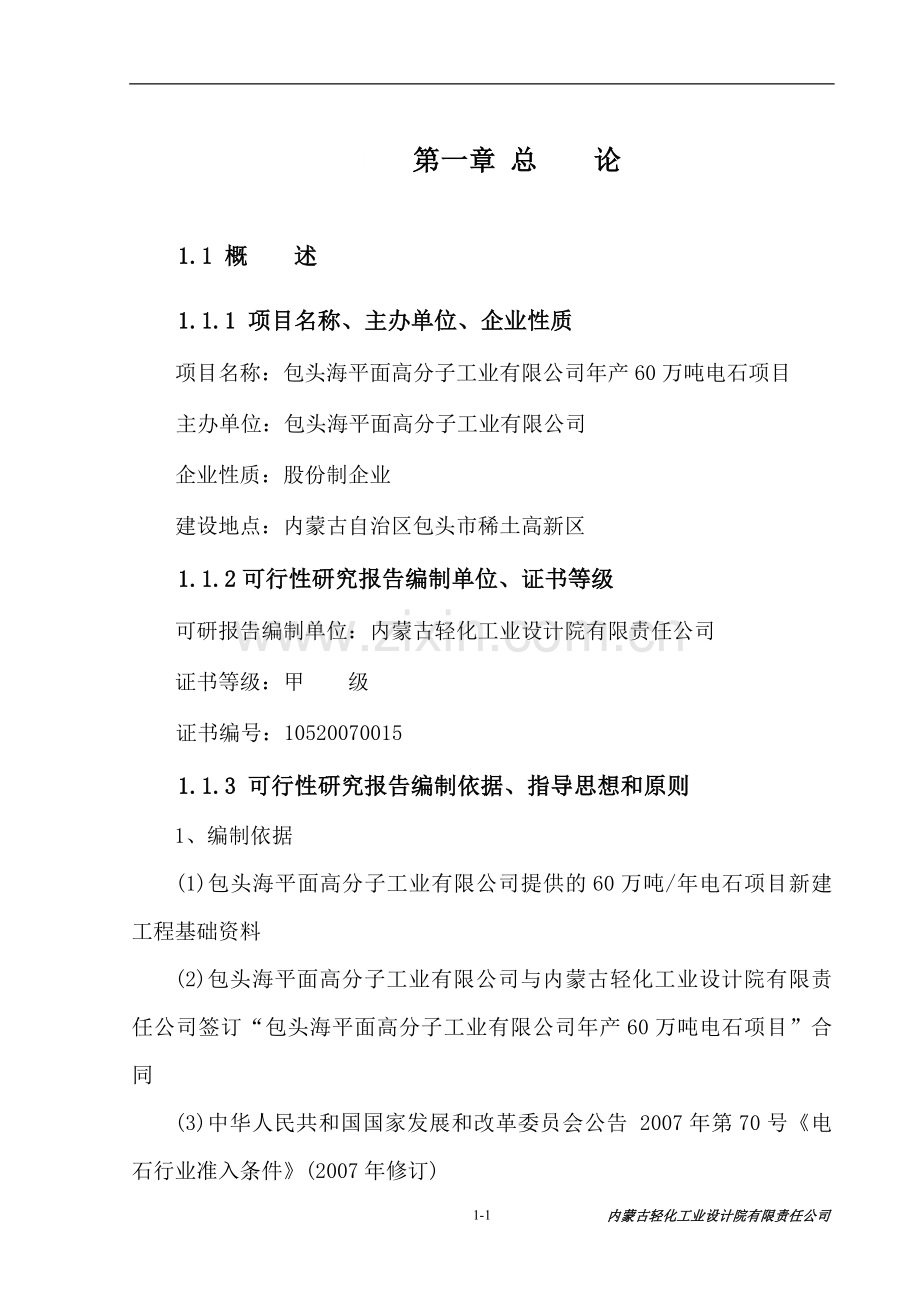 年产60万吨电石项目可研报告.doc_第1页