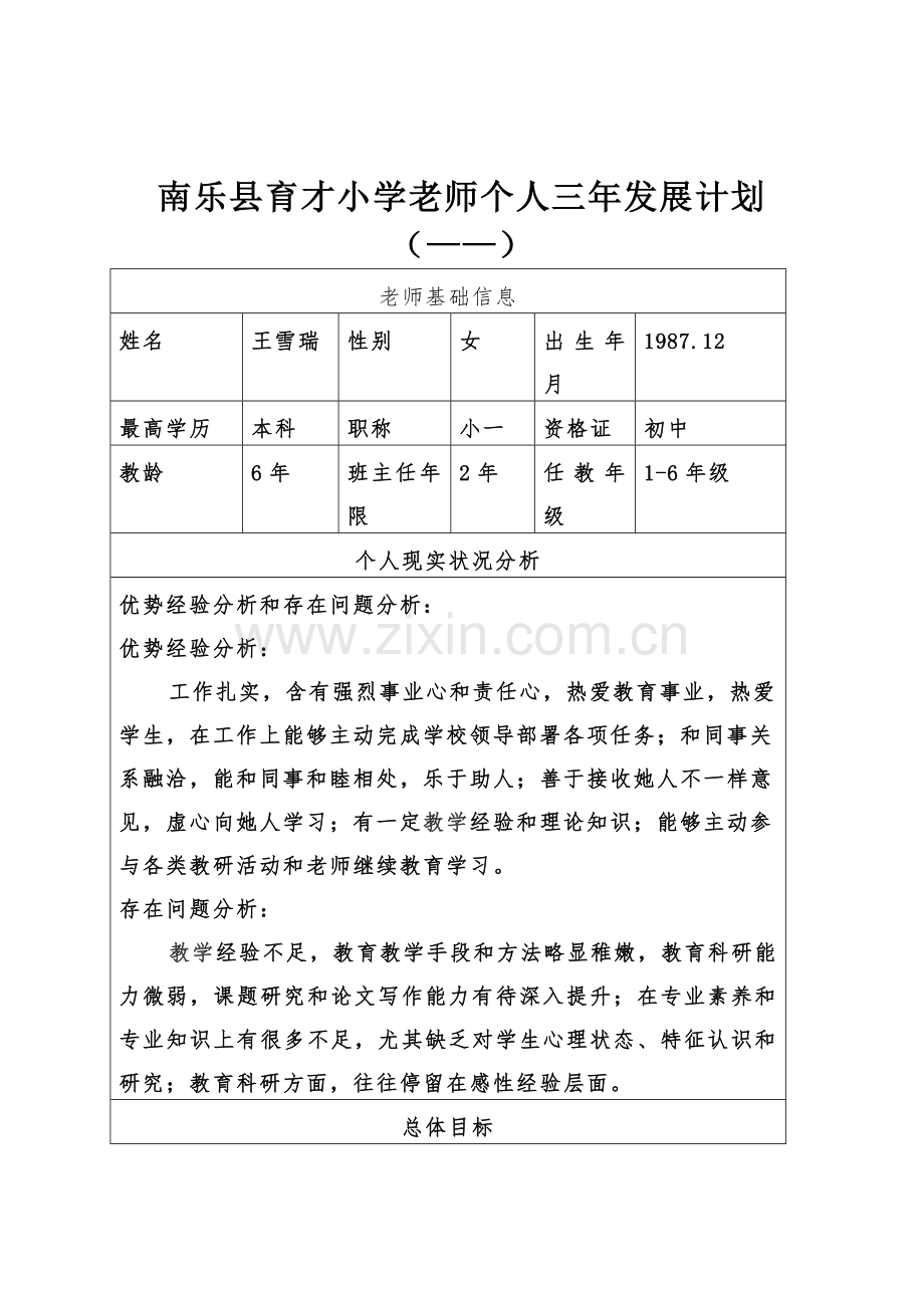 小学教师个人专业发展规划方案表.doc_第1页